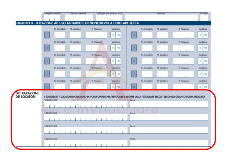 QUADRO D OPZIONE CEDOLARE